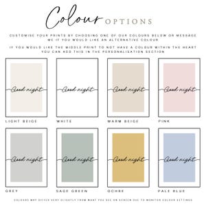 Colour options for bedroom wall art prints, available in 8 colours. Minimalist bedroom decor