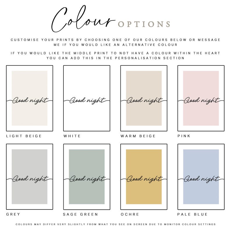 Colour options for bedroom wall art prints, available in 8 colours. Minimalist bedroom decor