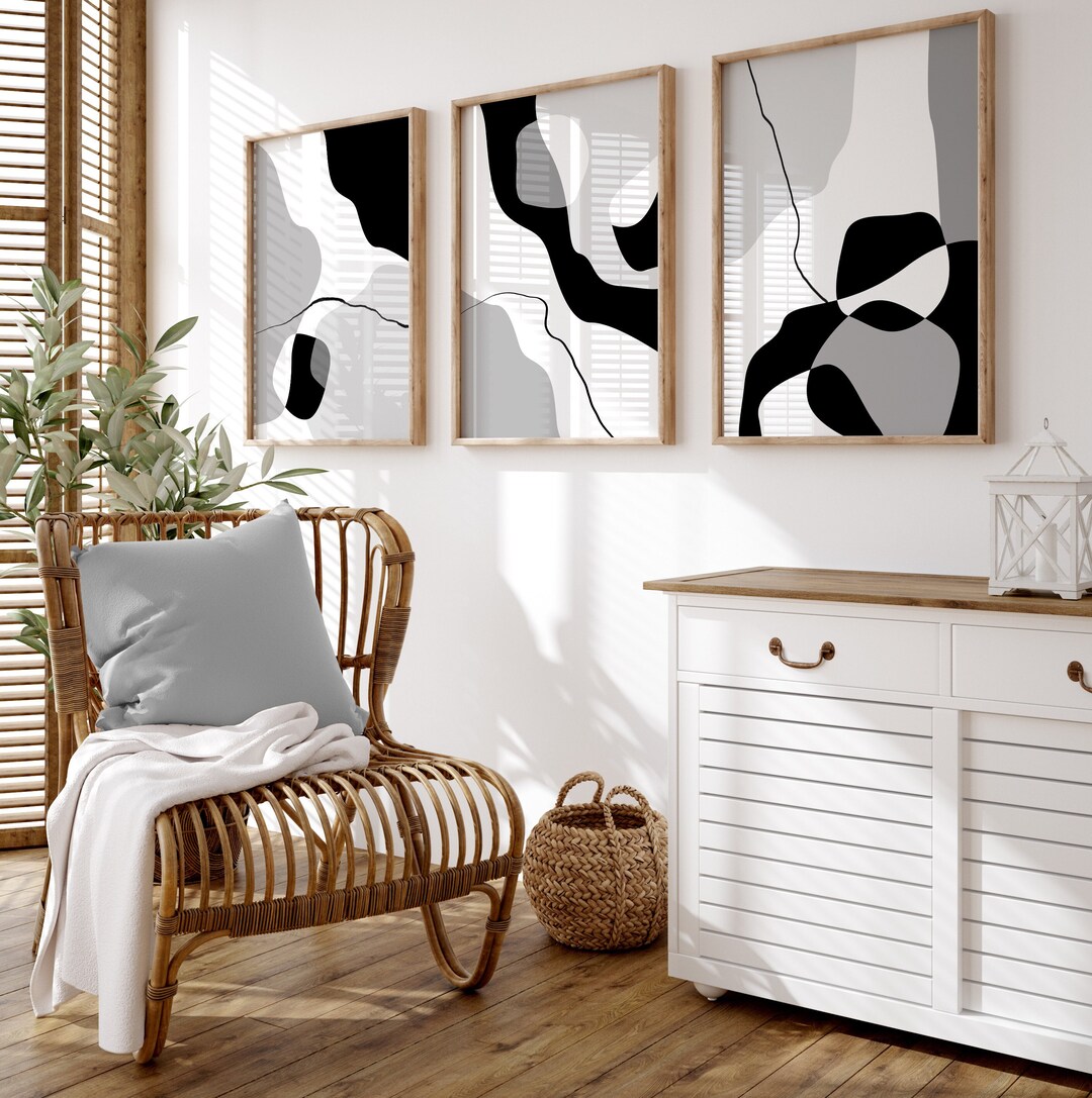 Set of 3 Wall Prints, Modern Art, Black, Grey and White Wall Prints