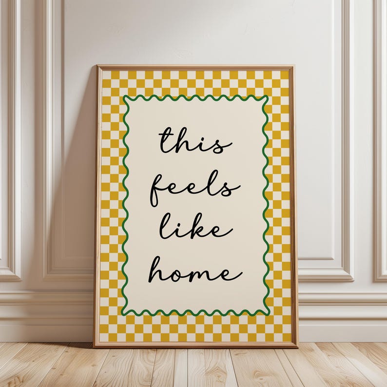 Hallway print, this feels like home quote, with ochre yellow chequered border, funky home decor