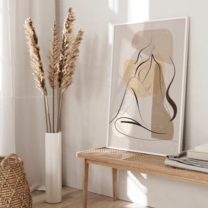 women line art print in beige and brown