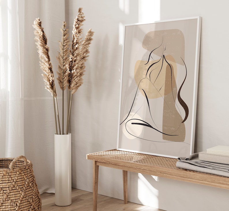 women line art print in beige and brown