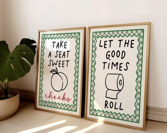 Bathroom Prints, Set of 2 Prints, Toilet Print, Green Bathroom Print, Funny Bathroom Print, Toilet Quote, Funky Wall Art, Bathroom Decor