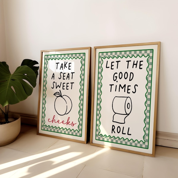 Láminas para baño, juego de 2 láminas, lámina para inodoro, lámina verde para baño, lámina divertida para baño, frase para inodoro, arte mural original, decoración de baño