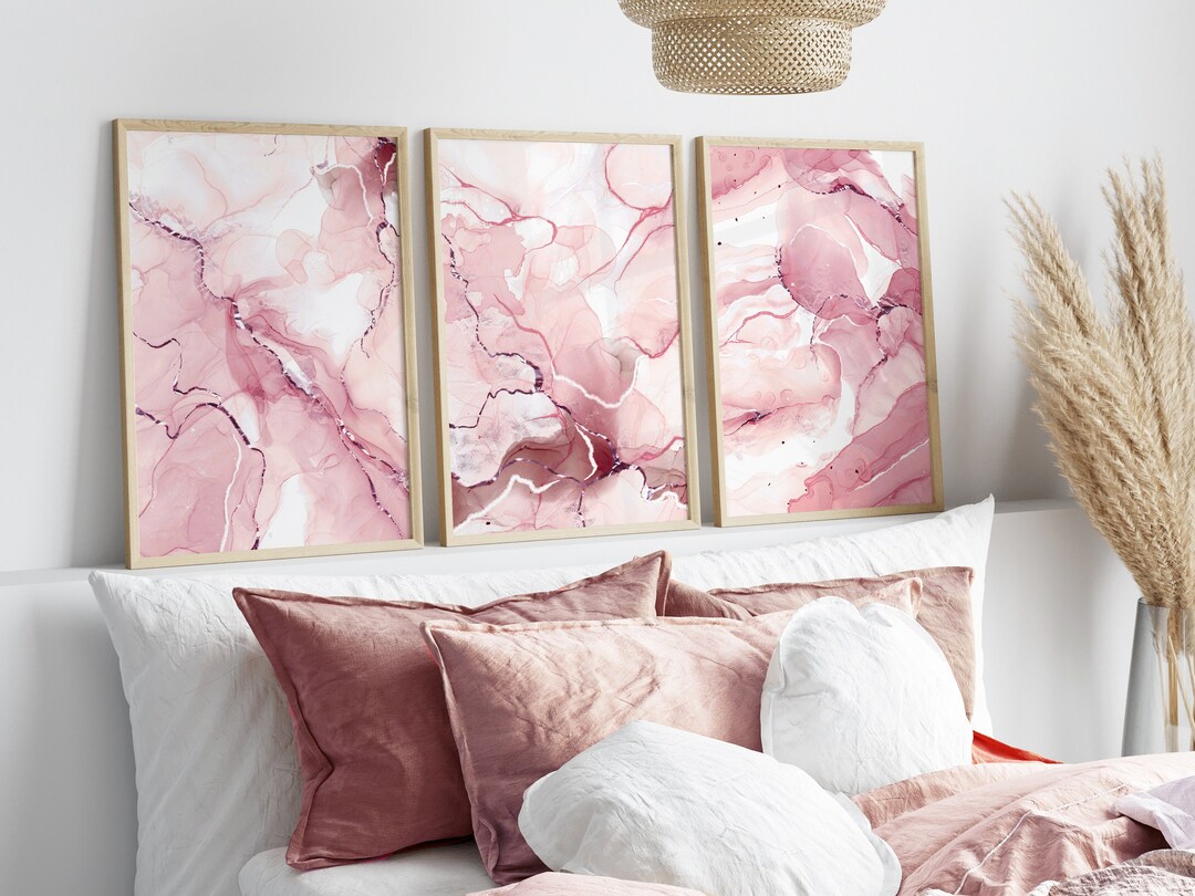 Pink Wall Prints, Marble Wall Prints, Set of 3 Wall Prints, Pink