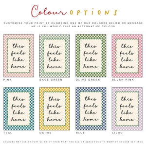 Trendy wall art, quote print for hallway, porch or entryway, Each has a chequered border on light beige backgrounds, This feels like home, available in pink, sage green, olive green, blush pink, teal, ochre yellow, blue and lilac