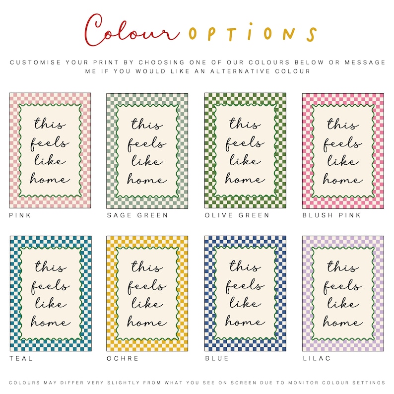 Trendy wall art, quote print for hallway, porch or entryway, Each has a chequered border on light beige backgrounds, This feels like home, available in pink, sage green, olive green, blush pink, teal, ochre yellow, blue and lilac