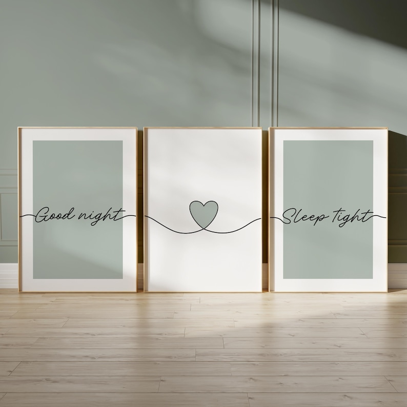 Green bedroom prints, "good night, sleep tight" bedtime quotes with line art love heart