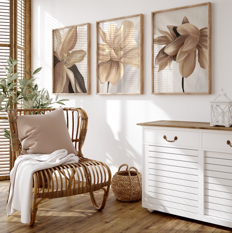 Set of 3 brown and beige large abstract flower wall art prints