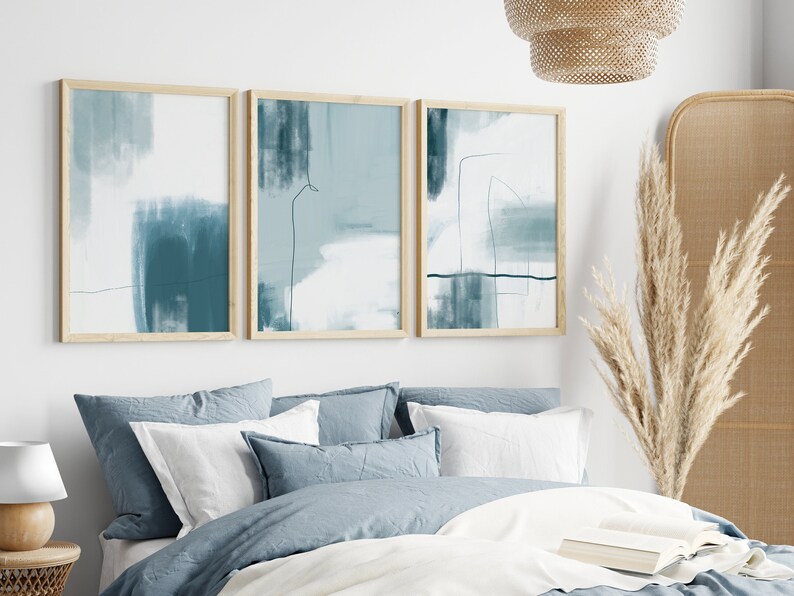 set of 3 teal colour abstract wall art prints