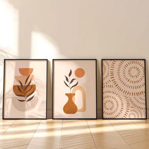 set of 3 boho kitchen prints in orange and beige