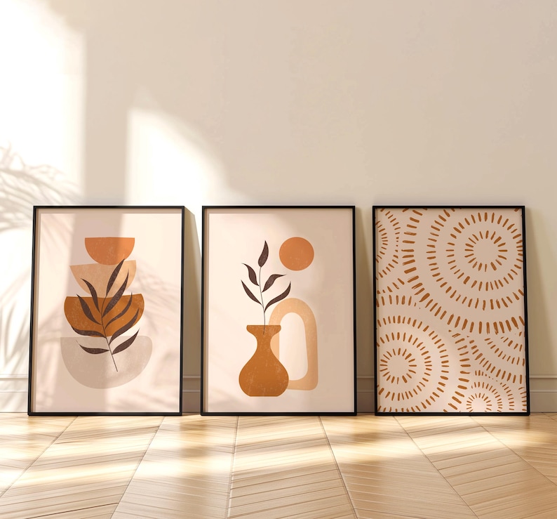 set of 3 boho kitchen prints in orange and beige