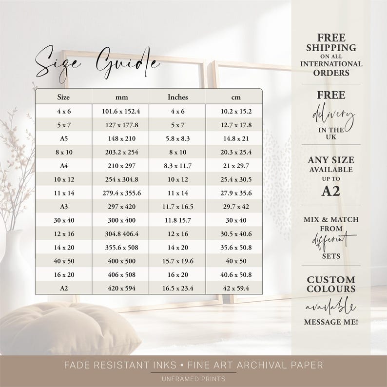 Size guide, also available in listing description