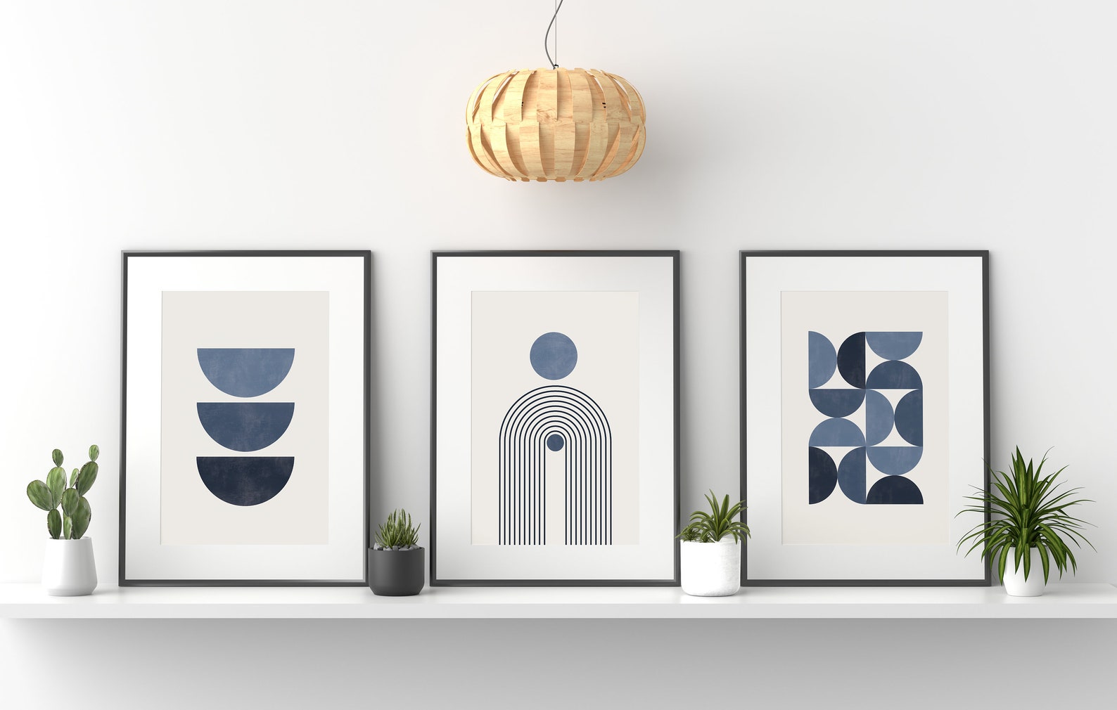 Set of 3 Blue Wall Art Prints, Modern Mid Century, Geometric Wall Art
