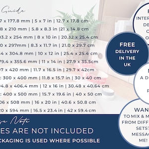 May include: A size guide for prints, showing different sizes in inches and centimeters. The text says "Frames are not included" and "Eco packaging is used where possible".