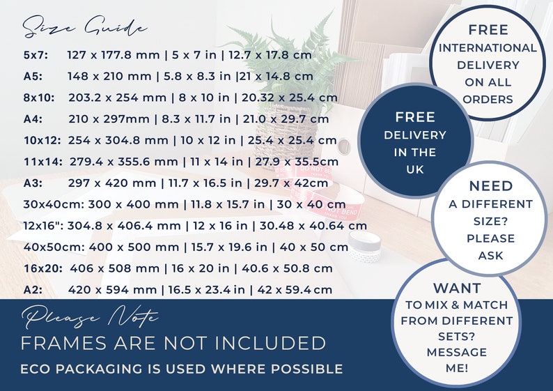 May include: A size guide for prints, showing different sizes in inches and centimeters. The text says "Frames are not included" and "Eco packaging is used where possible".