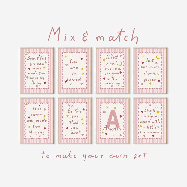 Girls prints, pink nursery wall decor with bedtime quotes and affirmation quotes, on pink striped backgrounds with love hearts, stars, moons and sunshine. 8 designs to choose from