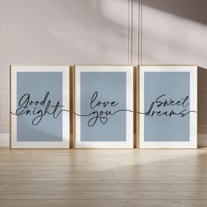 Bedroom prints with bedtime quotes in blue