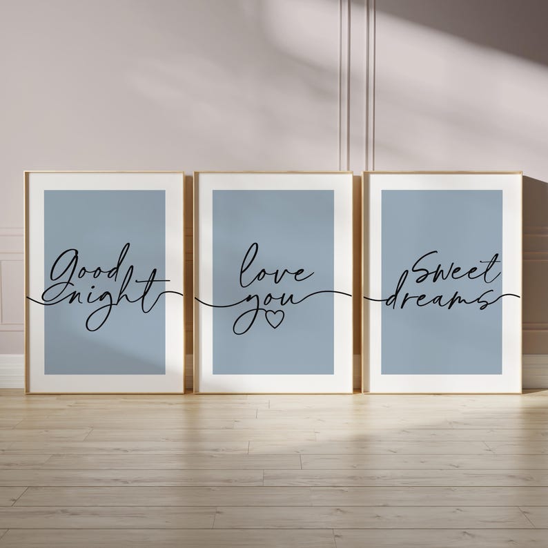 Bedroom prints with bedtime quotes in blue