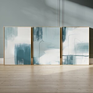 set of 3 light blue colour modern abstract wall art posters