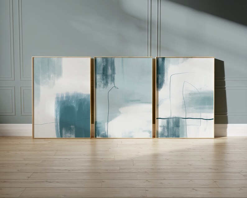 set of 3 light blue colour modern abstract wall art posters