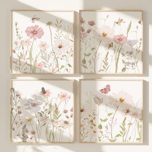 Quadratische Kinderzimmer Drucke, Wildblumen Drucke, Drucke rosa, Blumen Drucke, Mädchen Drucke, Schmetterling Kunst