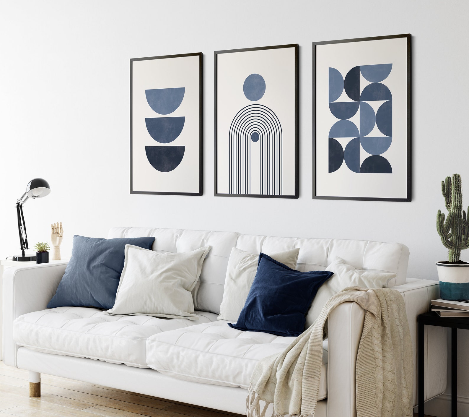 Set of 3 Blue Wall Art Prints, Modern Mid Century, Geometric Wall Art