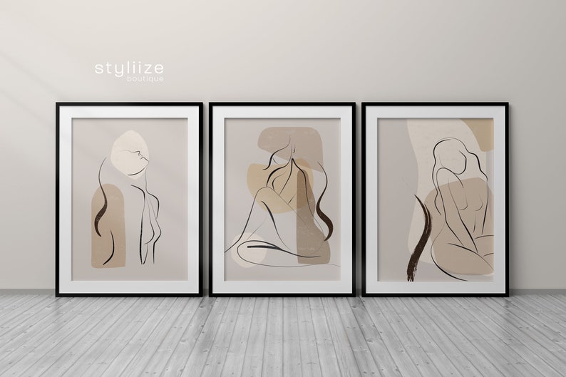 set of 3 bedroom wall art prints in neutral tones and warm beige featuring women line art