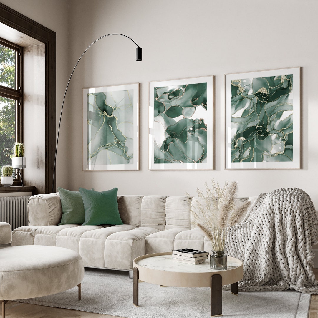 Green & Gold Wall Art Prints, Marble Wall Prints, Set of 3 Wall Prints