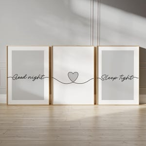Grey bedroom prints, "good night, sleep tight" bedtime quotes with line art love heart
