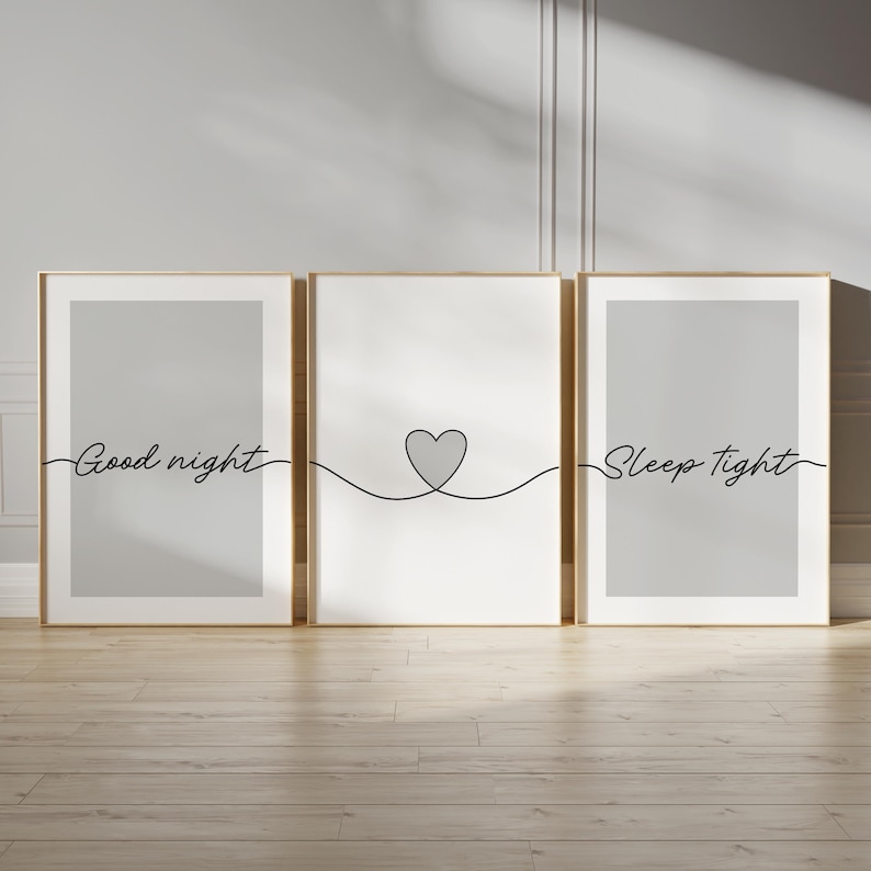 Grey bedroom prints, "good night, sleep tight" bedtime quotes with line art love heart