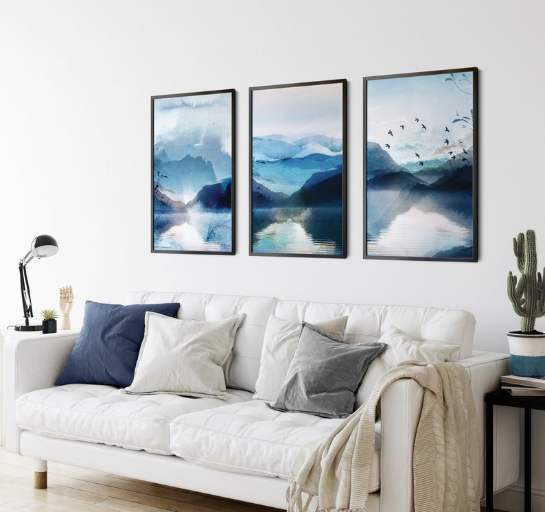 set of 3 blue landscape wall art prints