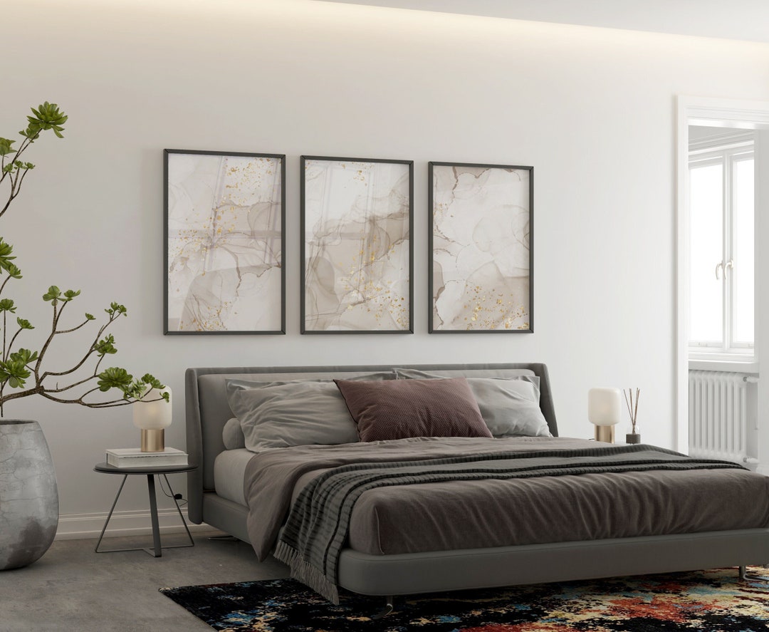 Beige Bedroom Wall Art Prints, Marble Wall Prints, Set of 3 Prints