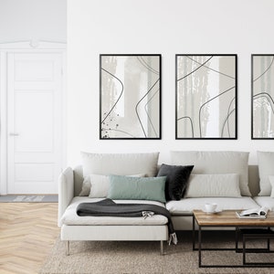set of 3 neutral and sage green abstract wall art prints with line art