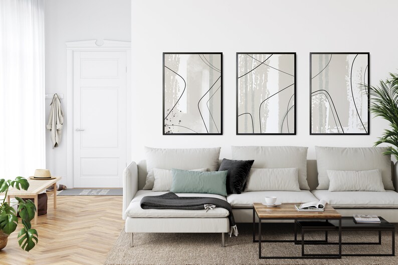 set of 3 neutral and sage green abstract wall art prints with line art