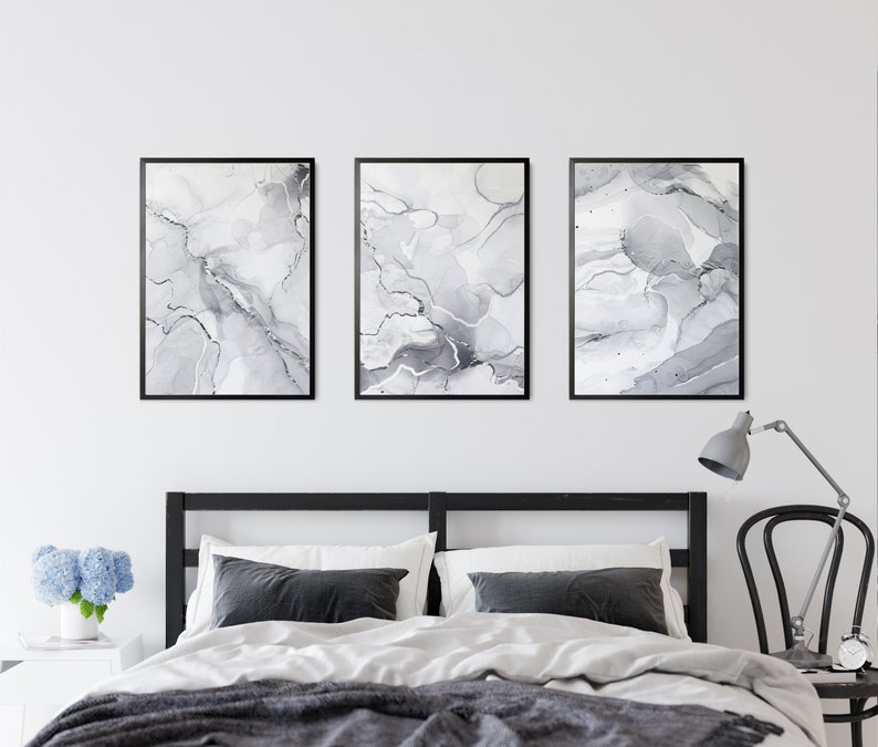 Set of 3 grey bedroom wall prints in a marble design