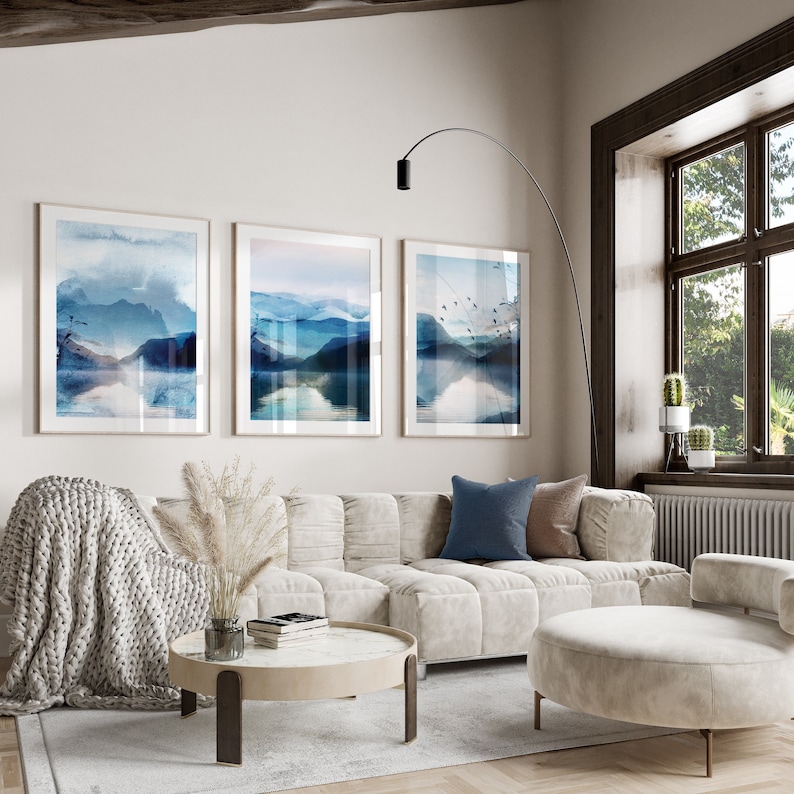 set of 3 blue watercolour abstract landscape living room wall art prints