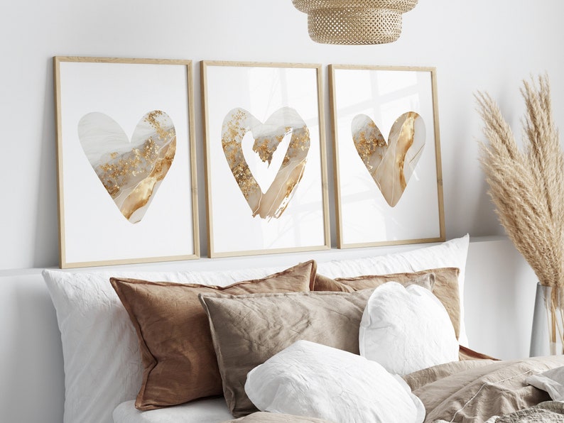 Beige & Gold Wall Art Prints, Marble Wall Prints, Love Hearts, Set of 3 ...