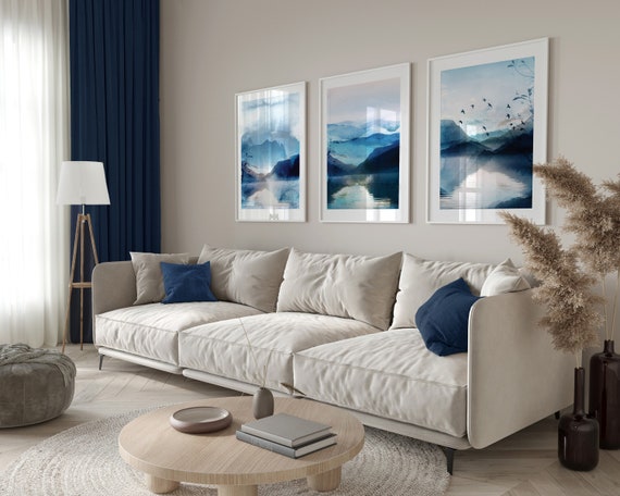Blue Watercolour Landscape Abstract Wall Art Prints, Giclée Prints, Set of 3 Wall Prints, Blue Wall Art, Blue Wall Prints, Landscape Art