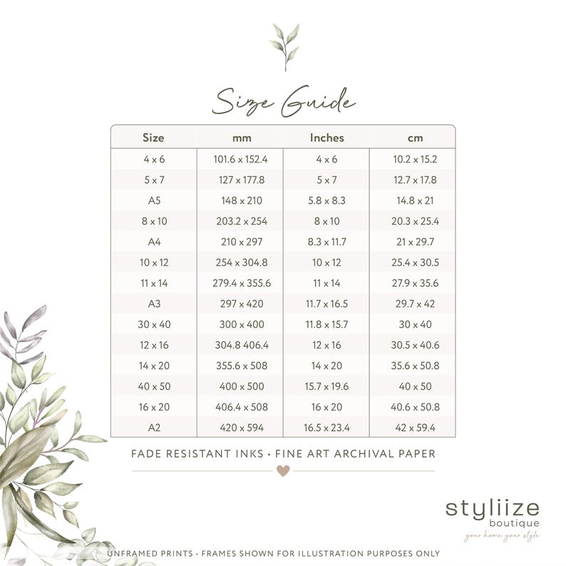 Size guide for wall prints