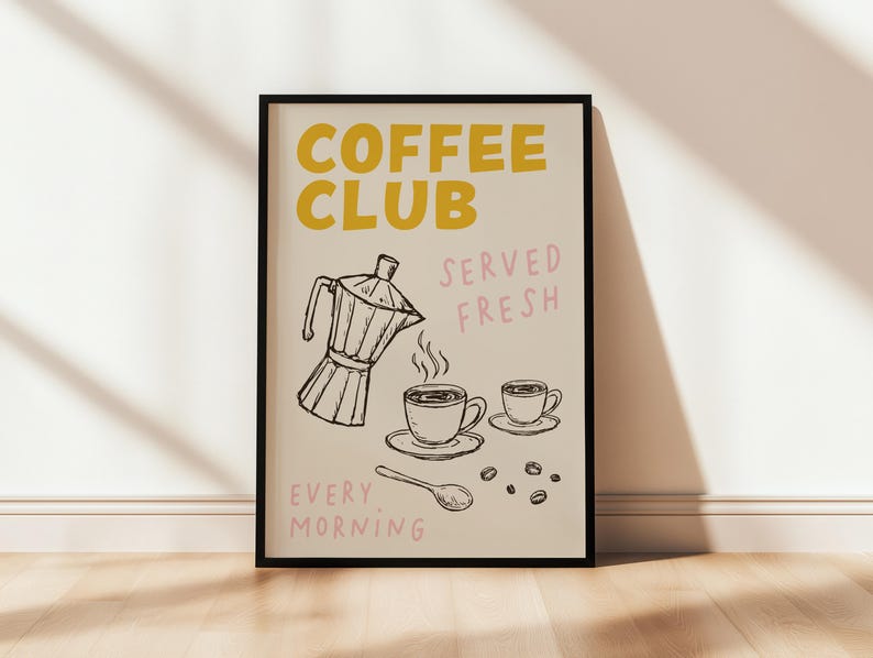 Ochre Yellow coffee club kitchen wall art print