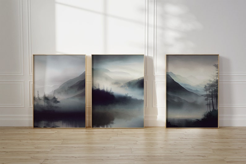 Watercolour Landscape Abstract Wall Art Prints, Blue & Grey Wall Art