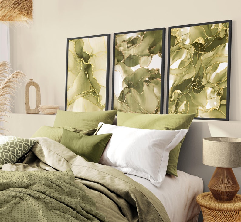 olive green and gold marble wall art print set