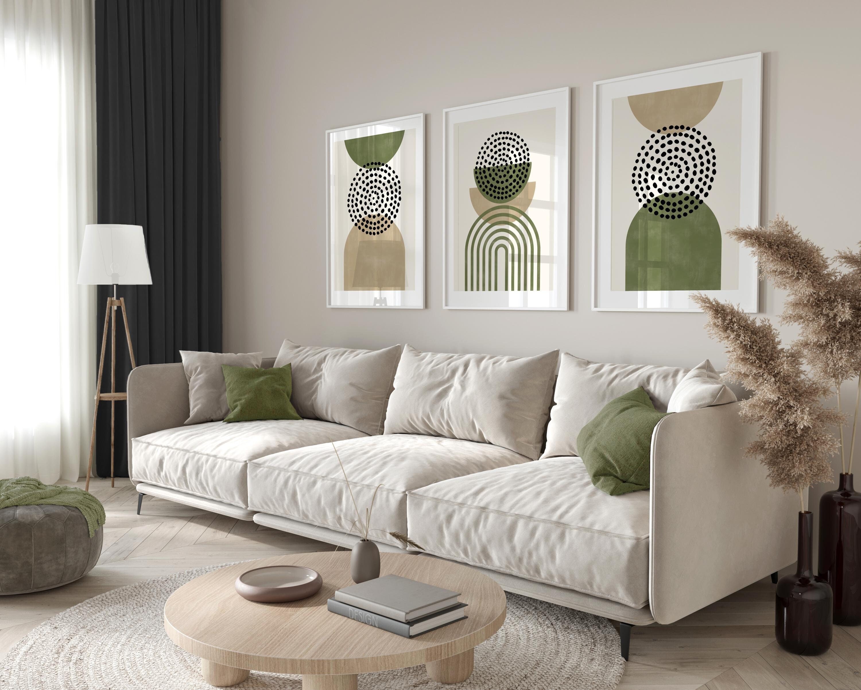 Set of 3 Olive Green Wall Prints, Boho Wall Art, Green Wall Prints