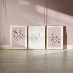 Pink bedroom prints, "good night, sleep tight" bedtime quote with love heart