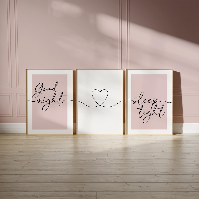 Pink bedroom prints, "good night, sleep tight" bedtime quote with love heart