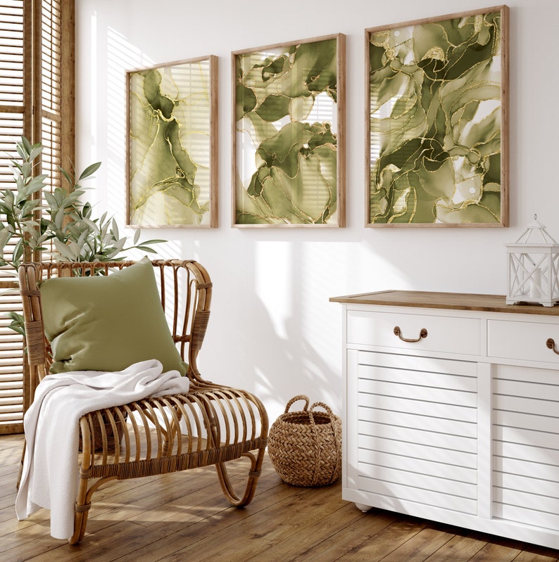 set of 3 olive green wall art prints