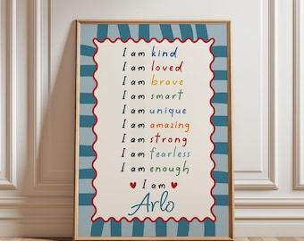 Impresión de afirmación para niños, impresión para niños, dormitorio infantil, decoración de sala de juegos, decoración de guardería, impresión personalizada para niños, arte de pared, regalo para niño