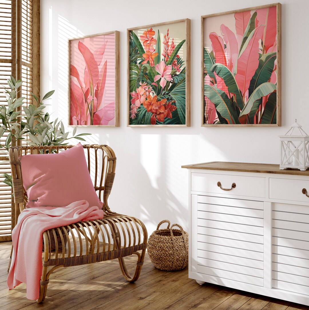 Set of 3 Green & Pink Wall Prints, Pink Wall Art, Leaf Wall Prints