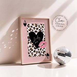 Mädchen Funky Wandkunst, Leopardenmuster Spielkarte Druck, Mädchen Wandkunst, Preppy Wandkunst, Lucky Me, Lippen, Tierdruck, Wandkunst, trendige Kunst